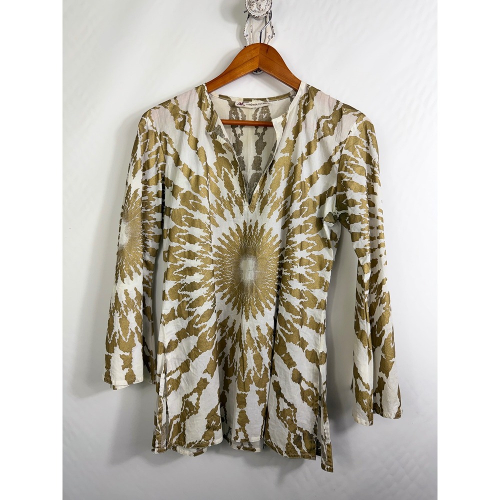Virginia Witbeck Tunic Women M Gold White Cotton Sunburst Tie Dye Boho Top